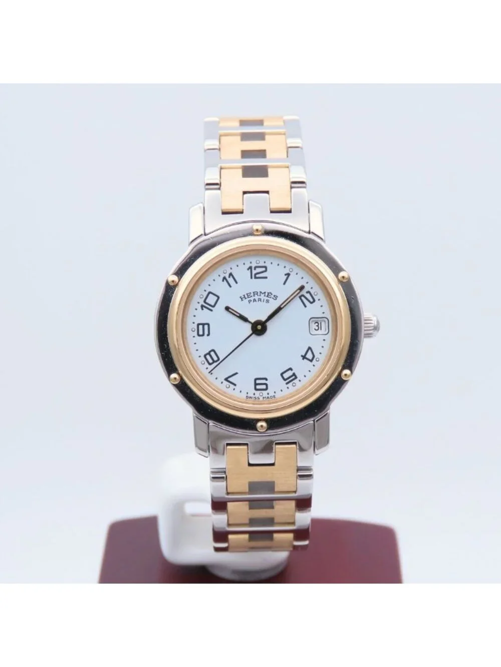 Hermes Watch Clipper Stainless Steel Silver Gold Dial White Plated SS